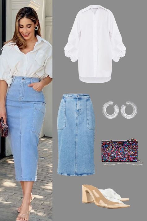 Blue Denim Skirt Outfit, Outfit Inspirations Simple, Denim Pencil Skirt Outfit, White Polo Outfit, Outfit Ideas Skirt, Skirt Outfit Inspiration, Colorful Clutch, Midi Jean Skirt, Womens Skirt Outfits