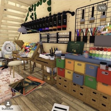 #bloxburg - 👩🏼‍🎨Wow, so many paint brushes and things like that for painting with paints! A real dream for an artist, but this is in Bloxburg, very chic!🎨 Blox Burg School Ideas, Art Room Decals Bloxburg, Bloxburg Makeup Table, Bloxburg Art Studio Ideas, Bloxburg College Ideas, Bloxburg Art Classroom, Art Class Bloxburg, Art Studio Bloxburg, Bloxburg Science Classroom