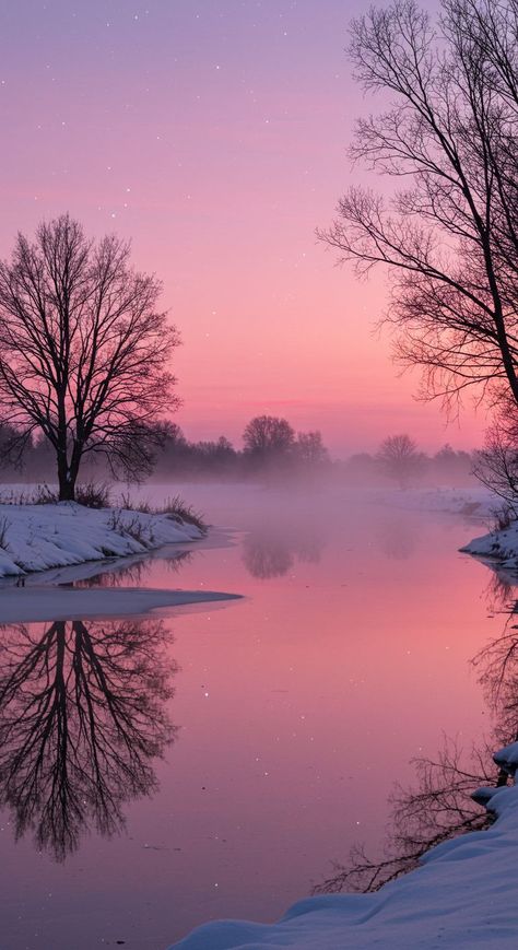 Experience the serenity of a Pink Winter Dawn with a Pastel Sky Winter and Misty River Sunrise.  This Peaceful Winter Scene features a beautiful Tree Silhouette Reflection.  Perfect for Phone Wallpaper Winter and lovers of Nature Photography Winter. Phone Wallpaper Winter, For Phone Wallpaper, Wallpaper Winter, Photography Winter, Pastel Sky, Pink Winter, Tree Silhouette, Winter Scene, Winter Photography