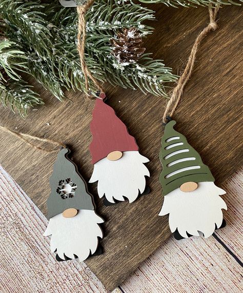 There is no place like GNOME for the Holidays! #etsy shop: Gnome Trio Ornament Set | Christmas Tree Ornaments https://etsy.me/3bMbJh4 #christmas #gnomes #ornaments #wood #brennyboards Christmas Laser Cut Ideas, Cnc Ornaments, Christmas Wooden Decorations, Laser Cut Christmas Ornaments, Gnome Christmas Ornaments, Wood Laser Ideas, Ornaments Wood, Christmas Yard Art, Business Christmas