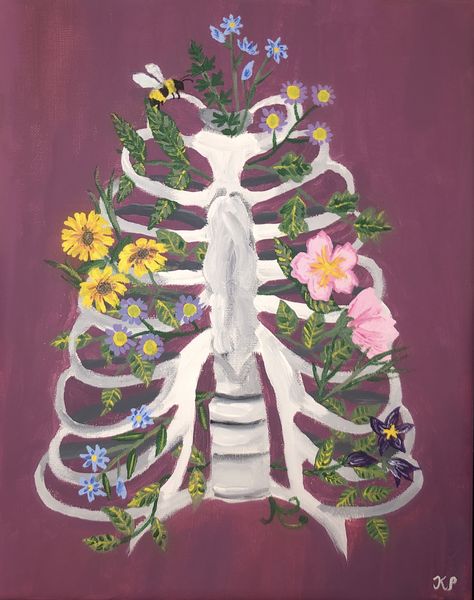 Flowers In A Ribcage, Diy Floral Canvas Painting, Painting Ideas On Canvas Aesthetic Nature, Halloween Floral Painting, Ribs With Flowers Drawing, Body With Flowers Painting, Ribcage Art Aesthetic, Spooky Szn Painting, Ribcage Acrylic Painting