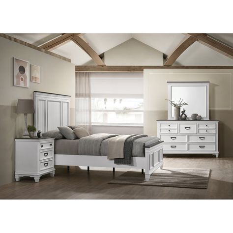 August Grove® Clelane Wood Bedroom Set With Shiplap Panel Queen Bed, Dresser, Mirror, And Nightstand In Weathered White And Walnut | Wayfair White Bedroom Set, 5 Piece Bedroom Set, Sleigh Bedroom Set, Wood Bedroom Sets, Bed Dresser, Storage Bedroom, Country Casual, Adult Bedroom, White Storage