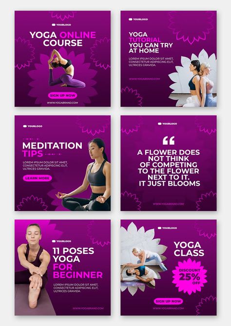 6 Yoga Instagram Post Templates PSD. Size 1080x1080 pixels Yoga Instagram Posts, Yoga Social Media Design, Yoga Social Media Posts, Yoga Day Post, Yoga Social Media, Yoga Poster Design, Post Reference, Yoga Post, Kids Social Media