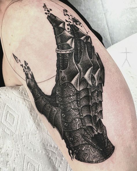 Sauron! by Christopher Jade (@ xcjxtattooer) Berserk Inspired Tattoo, Sauron Gauntlet, Knight Hand Tattoo, The Last Kingdom Tattoo, Gauntlet Tattoo, Elden Ring Tattoo, Berserk Tattoo, Tolkien Tattoo, Ring Tattoo Designs