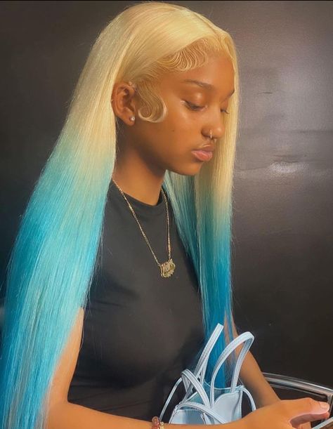 #wig#hair#blue hair#blonde to blue hair#long hair#straight hair#ombre blue wig#hair style#women fashion Ombre Blue Hair, Straight Hair Blonde, Blonde And Blue Hair, Dyed Hair Blue, Blue Ombre Hair, Frontal Wig Hairstyles, Ombre Hair Blonde, Straight Wigs, Blue Wig