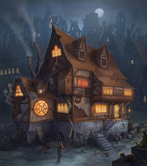 _left_hook__tavern_by_takeda11-d3iivms Dnd Tavern, Taverna Medieval, Dnd Places, Shadow Realm, Dnd Backgrounds, Fantasy Town, Build Inspiration, Heroic Fantasy, Minecraft Inspo