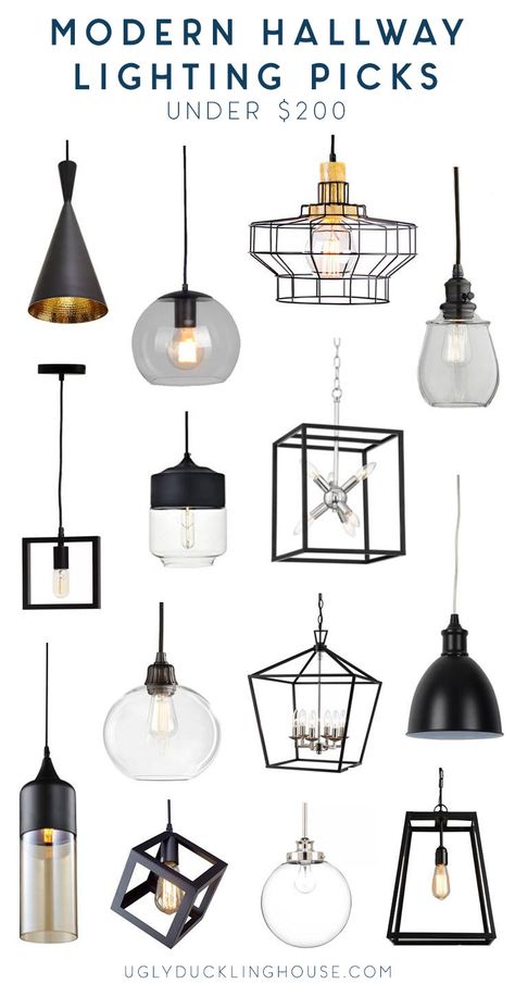 Modern hallway lighting picks for under $200 - black hardware, pendant lights, and clear glass globes are very on trend, as well as a few industrial and brass picks - perfect for entryway or hallway lighting where you need something stylish but on the smaller side - click through to see all 14 and pick out your favorite! #lighting #mudroom #hallway #lightingdesign Hall Pendant Lighting Hallways, Classy Pendant Lights, Vestibule Lighting Ideas, Light For Stairwell, Chandelier Lighting Entryway, Small Entryway Lighting, Hallway Pendant Lights, Hallway Lights Ideas, Mud Room Lighting