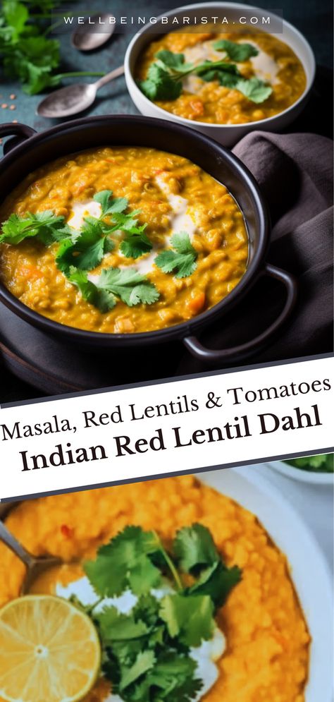 This delicious red lentil dhal recipe is packed with warming spices like garam masala, turmeric, and cumin, perfectly balanced with creamy coconut milk and tangy tomatoes. Paired with fluffy basmati rice, it’s a satisfying plant-based dish that’s easy to make and full of nutrients. Perfect for meal prep or cozy weeknight dinners. Garnish with fresh coriander for a burst of freshness. Gluten-free, vegan, and absolutely irresistible! Lentil Masala, Lentil Dhal Recipe, Red Lentil Dahl, Garam Masala Recipe, Lentil Dhal, Veggie Soups, Dhal Recipe, Lentil Dahl, Bengali Food