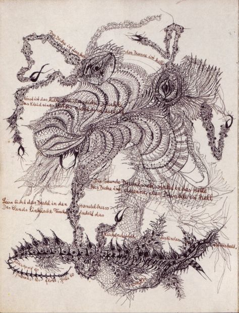 Hazel Home Art and Antiques Wausau, Wisconsin: The automatic drawings of Unica Zurn. German (1916-1970). Unica Zurn, Bone Monster, Hans Bellmer, Automatic Drawing, Dream Landscape, Art Brut, Antique Maps, Car Drawings, Visionary Art