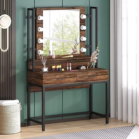 Amazon.com: Tribesigns Vanity Table with Lighted Mirror, Industrial Makeup Vanity Dressing Table with 8 LED Lights and 2 Drawers, Vanity Dresser Desk for Women Girls, Rustic Brown : Home & Kitchen Classic Dressing Table, Vintage Makeup Vanities, Vanity Dressing Table, Makeup Dressing Table, Dresser Desk, Make Up Desk Vanity, Lighted Mirror, Lighted Vanity Mirror, Modern Vintage Fashion