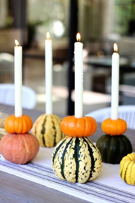 pumpkin candle holders Beautiful Thanksgiving Table Settings, Beautiful Thanksgiving Table, Thanksgiving Decorations Diy Table, Thanksgiving Table Settings Simple, Simple Thanksgiving Table, Beautiful Settings, Pumpkin Candle Holder, Diy Centerpiece, Pumpkin Wedding