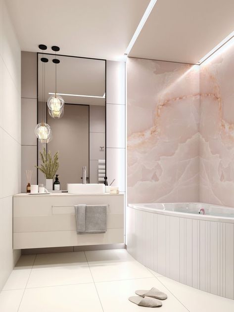 Pink And Marble Bedroom, Modern Pink Bathroom, Luxury Modern Apartment, New Bathroom Designs, Bathroom Design Black, Bespoke Bathroom, Modern Bathroom Interior, Master Bath Remodel, House Tiles