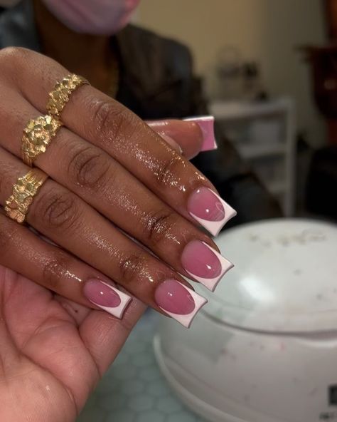 Crisp shape and clean hand painted French i love this set 🤩😍💖✨💦 | Instagram Bck 2 School Nails, Short Nails Design French Tips, Nail French Design Ideas, Short Nails Ideas Acrylic Design, Nail Short French Tip, Nail Ideas With French Tip, Short Acrylics With Charms, French Tips Nails Ideas, Nails With Two Designs