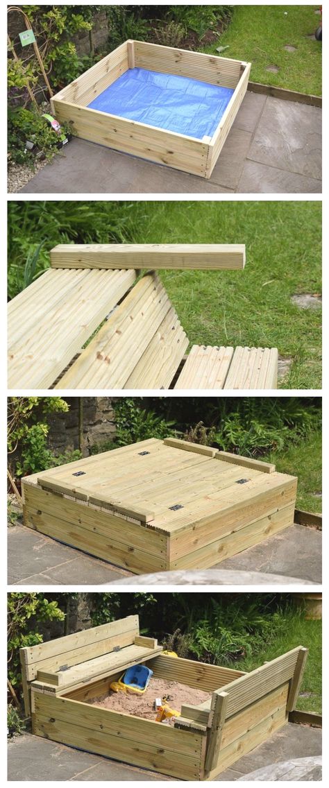 Wooden Sandpit With Lid, Wooden Sandbox, Diy Sandbox, Diy Bank, Diy Playground, Diy Garden Furniture, Pallets Garden, Diy Bench, Backyard Playground