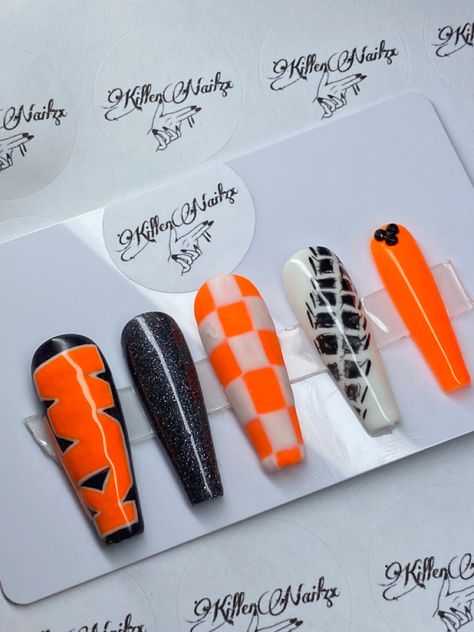 Ktm Nails, Fox Racing Nails, Short Coffin Ombre, Racing Nails, Ombre Nails Short, Coffin Ombre, Acrylic Nails Yellow, Cowboy Nails, Western Nails