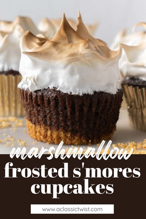 I have new and improved S’mores Cupcakes for you today - perfect for summer! S’mores Cupcakes With Marshmallow Frosting, Campfire S’mores Cupcakes, S’more Cupcakes, S’mores Cupcake, Torch Recipes, Smores Cupcake, Cupcakes With Marshmallow Frosting, Inexpensive Snacks, S Mores Cupcakes