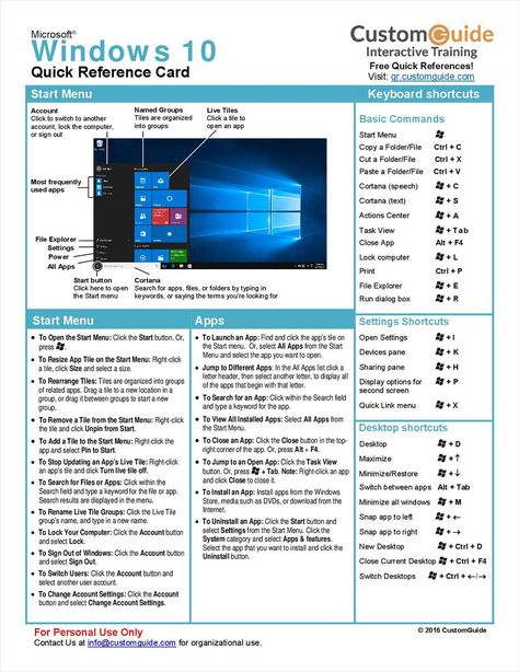 Microsoft Windows 10 -- Free Reference Card Windows 10 Hacks, Computer Keyboard Shortcuts, Computer Shortcut Keys, Computer Science Programming, Computer Lessons, Computer Learning, Computer Projects, Shortcut Keys, Excel Shortcuts