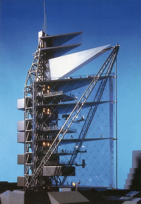 Richard Rogers. Japan Architect 7 Summer 1992: 223 | RNDRD Hi Tech Architecture, Richard Rogers Architecture, Structural Expressionism, Tech Architecture, Richard Rogers, Architectural Rendering, Norman Foster, Arch Model, Renzo Piano