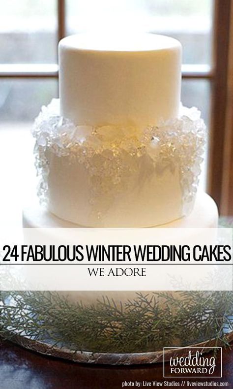 We recommend seasonal ideas. Take a look on these winter wedding cakes with pine cones, holly & berries under the snow and of course snowflakes and icicles. Wedding Cakes Designs, Snowflake Wedding Cake, Winter Wonderland Wedding Cakes, Winter Wedding Cakes, Glitter Wedding Cake, Wedding Cake Designs Simple, Winter Cakes, Christmas Wedding Cakes, Winter Wedding Table