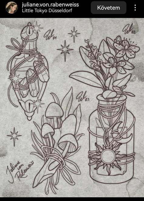 Drink Me Potion Tattoo, Specimen Jar Tattoo, Potion Bottles Tattoo, Witchy Flash Tattoo, Witchy Drawing Ideas, Bristol Tattoo, Autumn Tattoo, Jewel Tattoo, Halloween Flash