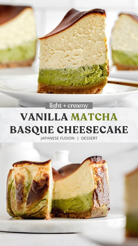 A slice of vanilla matcha basque cheesecake and vanilla matcha basque cheesecake with a slice cut out. Spanish Cheesecake, Basque Cheesecake Recipe, Wafer Cookie, Basque Cheesecake, Vanilla Wafer, Bento Cakes, Drizzle Cake, Matcha Recipe, What Are We