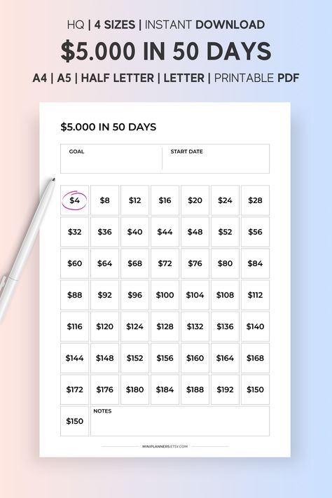 Simplify your daily tasks and achieve your goals with our printable $5000 In 50days Tracker. It's easy to use - simply download and print as many pages as you need. #ProductivityPlanner #SelfCareGoals #FitnessTracker #HealthyHabits #BulletJournalInspiration #GoalSetting #MindfulnessMatters #StudyPlanner #BudgetTracker #WellnessJourney Savings Challenge 5000, 5000 Savings Challenge, 5k Savings Challenge, 5000 Dollars, Saving Challenges, Monthly Savings, Money Budget, Saving Strategies, Savings Planner