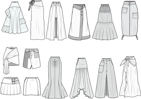 Fashion Technical Drawing Skirt, Skirt Illustration Fashion, Long Skirt Sketch, Skirt Illustration Sketches, Technical Drawing Skirt, Hijab Fashion Illustration, Flat Drawing Fashion, Skirt Technical Drawing, Skirt Flat Sketch