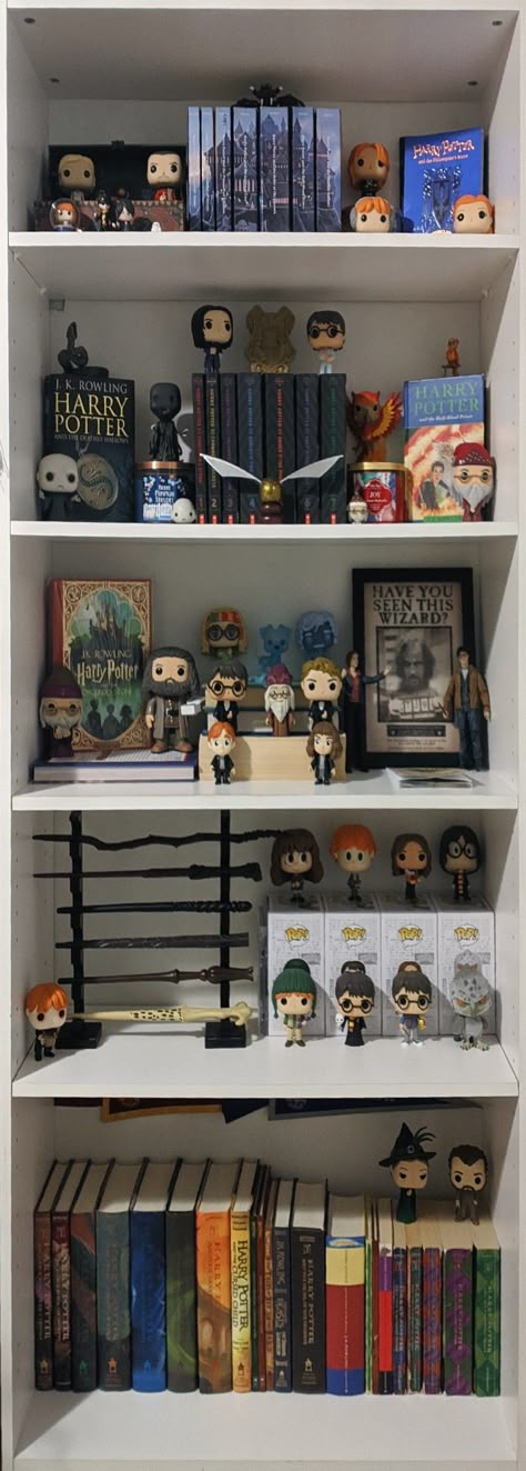 Check out more about my Harry Potter geekiness here: https://www.google.com/url?sa=t&source=web&rct=j&url=https://www.reddit.com/user/TheLandonian05/&ved=2ahUKEwjki9Cq5Lv0AhVXoHIEHfjYBs4Qjjh6BAgDEAE&usg=AOvVaw2gj-bUJg8zpb-5JaQboQTP Bookshelf With Funko Pop, Harry Potter Shelf Ideas, Harry Potter Book Shelf Ideas, Harry Potter Book Shelf, Harry Potter Books Aesthetic, Harry Potter Room Aesthetic, Harry Potter Book Collection, Funko Pop Aesthetic, Harry Potter Room Ideas