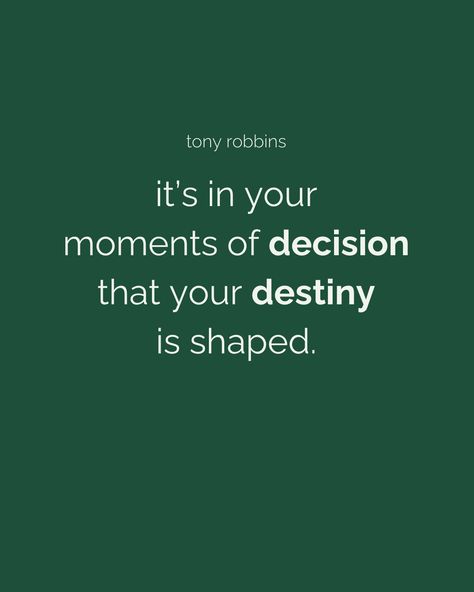 In those pivotal moments when I make decisions, I realize I'm actively shaping my destiny. This quote is a powerful reminder that our choices carry immense weight. Whether it's deciding to take on a new challenge, pursue a dream, or overcome a fear, each choice propels me forward on the path to becoming the woman I aspire to be. It's not just about the big decisions; even the small ones contribute to the narrative of my journey. #entrepreneur #success #mindset #grind #inspire #motivate Pivotal Moment Quote, Moments Quotes, My Destiny, New Challenge, Tony Robbins, Success Mindset, Entrepreneur Success, Daily Motivation, A Dream