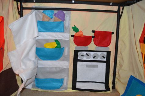 Cloth playhouse: kitchen inside wall Tablecloth Fort Diy, Drop Cloth Table Fort, Tablecloth Playhouse, Fabric Playhouse, Kitchen Table Cloth, Card Table Playhouse, Playhouse Ideas, Upcycled Gifts, Cubby House