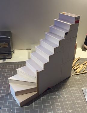 I have finally finished my stairs for the farmhouse and thought I would share the photos. I didn’t write directions but it is ... Dollhouse Staircase, Cardboard Dollhouse, Diy Barbie House, Doll House Plans, Diy Stairs, Cardboard House, Dolls House Interiors, Barbie Doll House, Miniature Rooms