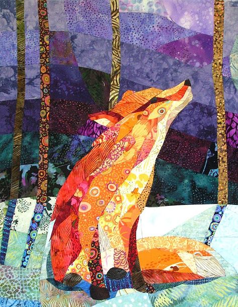 Kunst Collages, Fox Quilt, Purple Night, Landscape Art Quilts, Appliqué Quilts, Art Fox, Arte Folk, Landscape Quilt, Quilts Patterns