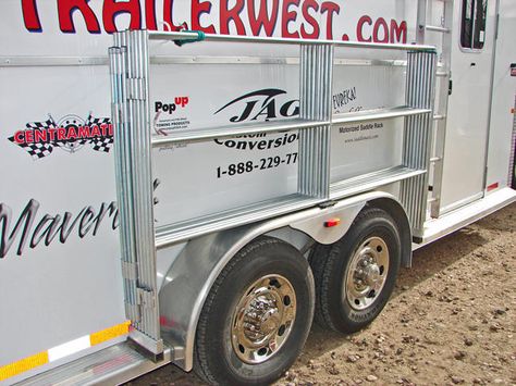 Horse Trailer Accessories, Horse Trailer Hacks, Horse Trailer Tack Room, Small Weekender Horse Trailer Ideas, Portable Horse Corral, Horses Trailer, Horse Trailer Hay Rack, Camping In Horse Trailer, Live In Horse Trailer