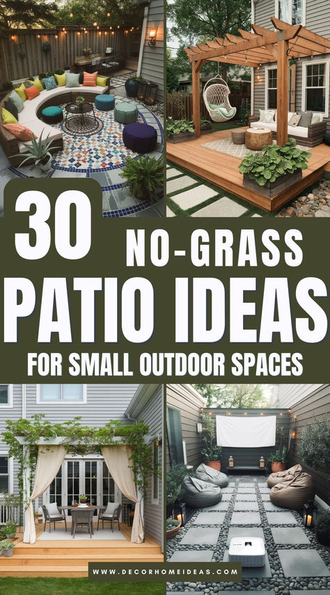 Looking for budget-friendly outdoor inspiration? These 30 no-grass patio ideas are perfect for transforming small backyards into chic and stylish spaces. Click to explore these stunning designs! Small Backyard Decks And Patios, Patio With Sitting And Eating Area, Creating A Patio On A Budget, Backyard Small Space Ideas, Small Townhouse Backyard Ideas Patio, Small Concrete Patio Ideas On A Budget, Town Home Backyard Ideas, Small Patios And Decks, Small Backyard No Grass Ideas