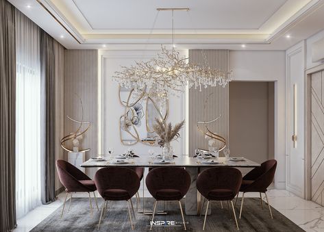 Vip Dining Room Design, Dining Area Back Wall Design, New Classic Dinning Room Interior Design, Behance Dining Room, Dining Area Ceiling Design Modern, Dining Area Wall Design Modern, Modern Classic Dining Area, Dining Wall Design Modern Luxury, Dining Room With Tv On Wall