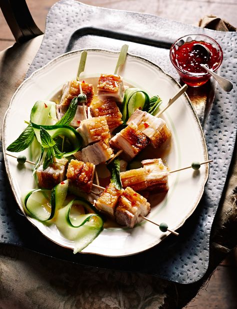 Crispy pork belly skewers with chilli garlic caramel dipping sauce - Sainsbury's Magazine Sunday Lunch Recipes, Pork Belly Skewers, Easter At Home, Caramel Dipping Sauce, Dipping Sauces For Chicken, Garlic Pork, Christmas Puddings, Pork Sauce, Dip Sauce