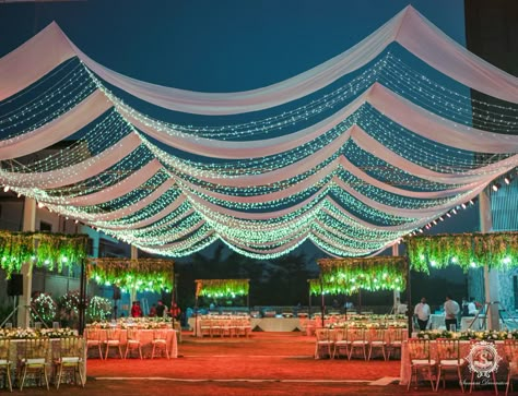 The lights look as pretty as the twinkling stars and we are here to make your wedding of dreams look more prettier than your dreams ✨❤️ #SamaniDecorators #themedecor #weddingdecor #decorideas #weddingdecoration #decorinspiration #inspiration #decorinspo #weddings #indianweddings #bigfatindianwedding #weddingday #engagementdecor #mehendidecor #eventplanners #destination Lawn Wedding Decor Indian Night, Wedding Pandal Decoration, Engagement Decorations Indian Stage Simple, Lawn Wedding Decor, Wedding Pandal, Gazebo With Lights, Engagement Decorations Indian, Wedding Decor Indian, Gazebo Wedding Decorations