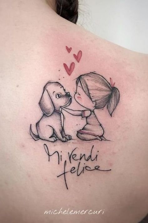 "Mi Vendi Felice" - Make me happy, tattoo of a girl and her dog on the shoulder 🐶 | www.otziapp.com Tatoo Dog, Sketch Tattoos, Tattoo Diy, Dog Paw Tattoo, Tattoo Magazine, Illustration Tattoo, Disney Tattoo, Gorgeous Tattoos, Tattoo Sketch