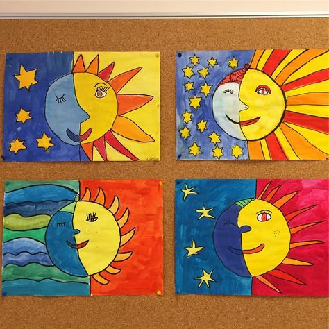 Lady Sun 🌞and Mister Moon🌜 | Instagram Third Grade Art Project, Third Grade Art, Sun Crafts, Moon Projects, Moon Crafts, 2nd Grade Art, Warm And Cool Colors, Classroom Art, Bible Crafts For Kids