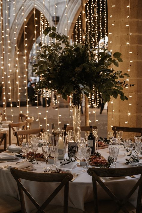 Fairylight wedding table with tree center piece set up Table With Tree, Tree Centerpieces, 2024 Wedding, Green Trees, Wedding Theme, Wedding Table, Dark Green, Our Wedding, The One