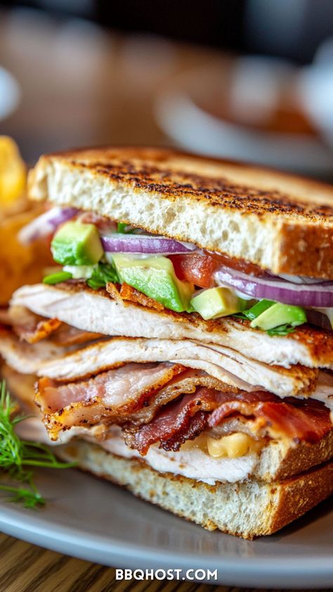 This Smoked Turkey Sandwich is the ultimate flavor combo with spicy mayo, crispy bacon, creamy avocado, and melted Havarti. All stacked between toasted rye bread. Save this best smoked turkey recipe for a next-level lunch! Click through for more recipes! Best Smoked Turkey Recipe, Havarti Sandwich, Best Smoked Turkey, Smoked Turkey Sandwich, Smoked Turkey Wings, Turkey Ideas, Smoked Turkey Recipes, Smoked Turkey Breast, Flavorful Meals