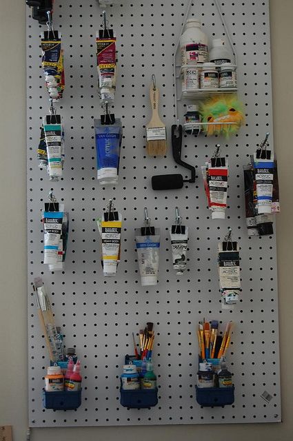 How to organize your acrylic paints and paint brushes | by Melly Kay Art Studio Storage, Peg Boards, Workspace Storage, Small Art Studio, Paint Organization, Art Supplies Storage, Art Studio Organization, Deco Studio, Work Space Organization