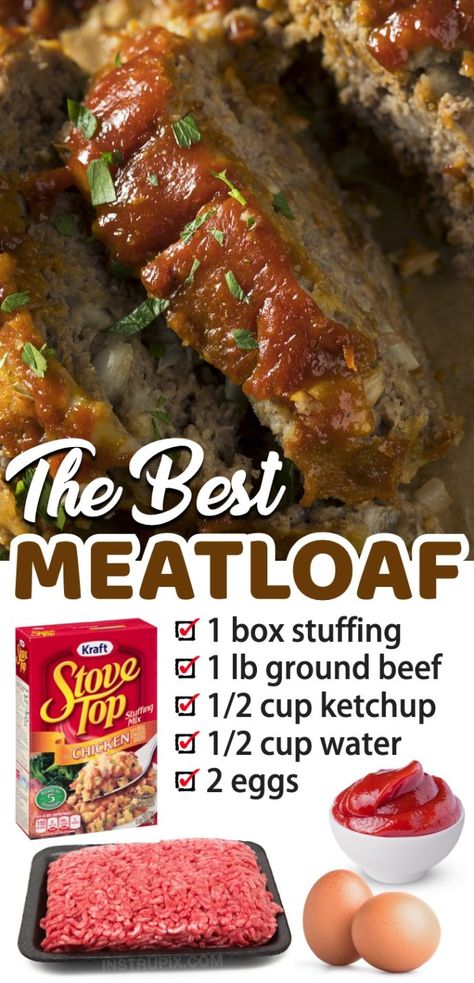 4 Ingredient Meatloaf (Made With a Box of Stuffing) - Instrupix Homestyle Recipes, Stuffing Meatloaf, Stove Top Stuffing Meatloaf, The Best Meatloaf, Stove Top Stuffing, Oven Meals, Delicious Meatloaf, Easy Delicious Dinners, Meat Meals