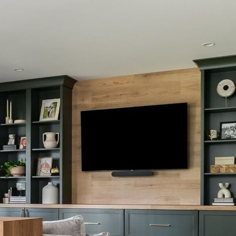 Kelly Ruggeri Design on Instagram Dark Green Media Wall, Green Media Wall, Basement Reno, Front Rooms, Media Wall, December 7, Lounge Room, Basement Ideas, Front Room