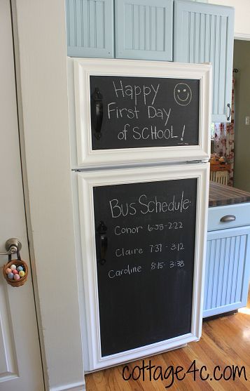 framed chalkboard fridge. Such a smart idea to cover an ugly fridge and make it match your rustic kitchen. This is definitely on my to do list! Chalkboard Fridge, Fridge Makeover, Refrigerator Panels, Kitchen Diy Makeover, White Appliances, Framed Chalkboard, Chalkboard Paint, Kitchen On A Budget, Farmhouse Sink