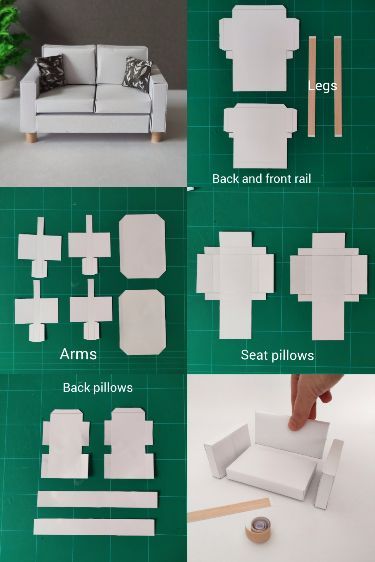 Two-seat sofa model made out of paper. Perfect for dollhouses and dioramas. The video tutorial provides the dimension for each component. Diy Miniature Furniture, Doll Furniture Tutorial, Barbie Furniture Tutorial, Sofa Simple, Dollhouse Furniture Tutorials, Making Miniatures, Barbie House Furniture, Diy Barbie House, Dollhouse Miniature Tutorials