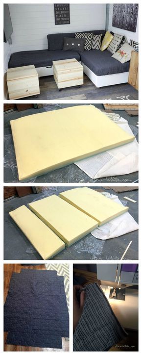 make cushions from foam mattresses and coverlets Diy Sectional Sofa, Diy Sectional, Recycle Furniture, Tiny House Storage, Woodworking Shows, Carpentry Projects, Pallet Sofa, Cushions To Make, Diy Holz