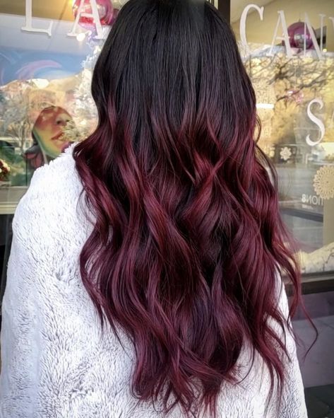 Ombre Hair Color Red Burgundy, Dark Brown To Maroon Ombre, Dark Red Hair Color Balayage, Balayage For Dark Brown Hair With Red, Blended Red Brown Hair, Magenta Balayage Hair, Brown To Maroon Ombre Hair, Burgundy Brunette Balayage, Dark Wine Hair Color Burgundy