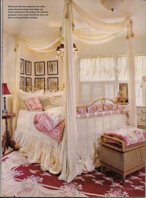 Like the idea of a canopy that isn't a real canopy. - Dreaming of Beautiful Beds Country Bedroom Decor, Beautiful Beds, Victorian Bedroom, Victorian Furniture, Shabby Chic Bedrooms, Victorian Decor, Country Bedroom, Dreamy Bedrooms, Canopy Bed