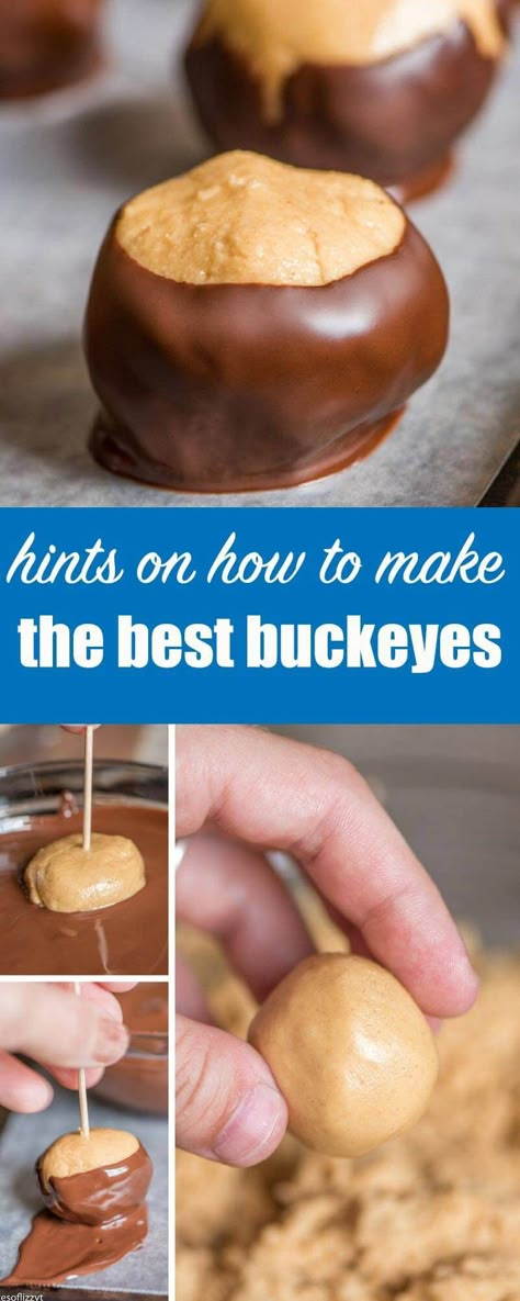 Hints on how to make buckeyes, the classic chocolate and peanut butter homemade candy that is perfect for football season and gift giving. How to Make Buckeyes {Hints and Tricks for Dipping Homemade Candy} #homemade #candy #buckeyes via @tastesoflizzyt Jif Buckeye Recipe, Buckeye Recipes, Best Buckeyes Recipe, How To Make Buckeyes, Peanut Butter Homemade, Church Snacks, Chocolate Buckeyes, Buckeyes Candy, Candy Homemade